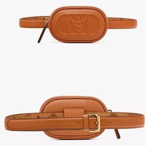 NEW MCM Cognac Brown Nappa Leather Mode Travia Logo Pouch Bag and Belt NIB
